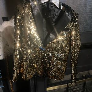 boys gold sequin jacket and pants suit, with black bow tie